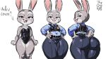 anthro big_butt bunny_costume butt clothing costume directional_arrow disney english_text european_rabbit female hands_on_hips hi_res judy_hopps lagomorph leporid looking_at_viewer mammal navel_outline open_mouth open_smile oryctolagus police police_uniform purple_eyes rabbit scut_tail short_tail signature smile solo tail text thick_thighs thisguyxyq tongue tongue_out uniform wide_hips zootopia