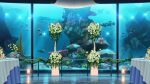  aquarium bass_(fish) bouquet candle column coral fish floor_light flower garland_(decoration) highres indoors no_humans non-web_source official_art our_life our_life:_beginnings_and_always pillar plate podium poppy_(flower) railing rock scenery seaweed sergeant_(fish) sparkle starfish table tablecloth variant_set whale_shark white_flower 