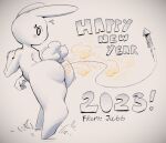 2023 anthro artist_name blush blush_lines bodily_fluids butt chinese_zodiac embarrassed english_text eyelashes fart fart_cloud female fireworks grass holidays jubb lagomorph leaning leaning_forward leporid looking_at_viewer looking_back looking_back_at_viewer mammal motion_lines new_year new_year_2023 nude orange_fart_cloud plant rabbit rabbit_ears scut_tail short_tail simple_background solo sweat sweatdrop tail text white_background year_of_the_rabbit