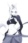 2024 absurd_res anthro artist_name breasts clothed clothing dated fangs female female_anthro front_view glistening glistening_eyes hair hand_on_hip hi_res looking_at_viewer mouth_closed narrowed_eyes portrait pupils renu simple_background slit_pupils solo standing tail tail_tuft teeth text three-quarter_portrait tuft unknowhiter white_background white_body white_hair