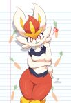 anthro blue_body blue_fur breasts buckteeth cheek_tuft cinderace eyelashes facial_tuft featureless_breasts featureless_crotch female front_view fur generation_8_pokemon heart_symbol hi_res looking_at_viewer nintendo orange_eyes orange_nose pokemon pokemon_(species) razgrizdl red_body red_fur small_breasts solo teeth thick_thighs tuft white_body white_fur wide_hips