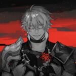  1boy absurdres antenna_hair armor black_choker black_gloves black_shirt choker closed_eyes coat fingerless_gloves flower gloves greyscale_with_colored_background highres holding holding_flower honkai:_star_rail honkai_(series) ieririr male_focus neck_tattoo pauldrons phainon_(honkai:_star_rail) red_sky shirt short_hair shoulder_armor single_pauldron sky solo spider_lily sun_symbol sun_tattoo tattoo upper_body white_coat white_hair 