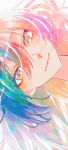  1girl absurdres brown_eyes close-up closed_mouth commentary commentary_request gradient_hair hair_between_eyes highres idolmaster idolmaster_shiny_colors light_smile lipstick long_hair looking_at_viewer makeup multicolored_hair paddy_field shirase_sakuya sideways simple_background solo swept_bangs symbol-only_commentary white_background 