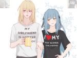  2girls amakuma bang_dream! bang_dream!_it&#039;s_mygo!!!!! black_shirt blonde_hair blue_hair blush coffee_mug commentary cup fang hair_ribbon hand_on_own_hip highres holding holding_cup locked_arms long_hair medium_hair misumi_uika mug multiple_girls open_mouth purple_eyes ribbon shirt short_sleeves smile sparkle togawa_sakiko two_side_up yellow_eyes yuri 