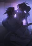 absurd_res anthro anthro_on_anthro balls blue_body dragon duo female female_anthro genitals grey_body grey_hair hair hi_res long_hair male male/female male_anthro mythological_creature mythological_scalie mythology narrowed_eyes nude obscured_penetration open_mouth purple_eyes scalie short_hair side_view unknowhiter white_body