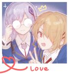  2girls blonde_hair blue_jacket glasses grey_hair hair_ornament hair_over_one_eye hair_over_shoulder hairclip heaven_burns_red highres izumi_yuki_(heaven_burns_red) jacket kayamori_ruka long_hair long_sleeves low-tied_long_hair multiple_girls necktie one_eye_covered open_mouth red_eyes red_necktie round_eyewear scorpio95715391 shirt short_hair v white_shirt yuri 