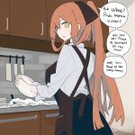  1girl absurdres apron black_skirt brown_apron brown_ribbon cleaver dishwashing dishwashing_soap english_commentary english_text from_behind girls&#039;_frontline green_eyes hair_ribbon high_ponytail highres indoors kitchen knife long_hair looking_at_viewer myticalcat orange_hair plate ponytail ribbon shirt skirt sleeves_rolled_up solo speech_bubble springfield_(girls&#039;_frontline) sweatdrop upper_body very_long_hair white_shirt 