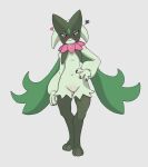 absurd_res ambiguous_gender anthro black_claws blush bodily_fluids claws digitigrade emanata eyelashes flat_chested front_view frustration_cloud fur generation_9_pokemon green_body green_fur grey_background heart_symbol hi_res mask meowscarada navel nintendo pheroviran pink_eyes pink_nose pokemon pokemon_(species) simple_background solo sweat sweatdrop thick_thighs wavy_mouth white_background wide_hips