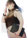  1girl :d agawa_sensei_(strikeout_pitch) bare_arms bare_shoulders black_hair breasts brown_sweater choppy_bangs commentary glasses hand_up highres kiyowa1001 long_hair looking_at_viewer mole mole_under_eye pants plump red-framed_eyewear simple_background sleeveless sleeveless_sweater sleeveless_turtleneck smile solo strikeout_pitch sweater turtleneck turtleneck_sweater watch watermark white_background wristwatch 