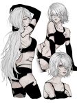 1girl a2_(nier:automata) absurdres android artelsia artist_name black_gloves black_shorts black_sports_bra blue_eyes bob_cut breasts collarbone cropped_legs dirty dirty_face elbow_gloves gloves hair_over_one_eye highres long_hair looking_at_viewer looking_back medium_breasts mole mole_under_mouth multiple_views navel nier:automata nier_(series) short_hair short_shorts shorts simple_background solo sports_bra very_long_hair white_background white_hair 