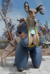 3d_(artwork) anthro between_breasts big_breasts bottle breasts claws clothed clothing container deathclaw digital_media_(artwork) fallout female hand_on_breast hi_res horn kneeling looking_at_viewer looming microsoft mommyclaw_(vulgarvictor) n00b-body nails reptile scalie solo tail thick_thighs wide_hips