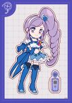  1girl aono_miki black_thighhighs blue_boots blue_bow blue_choker blue_gloves blue_skirt boots border bow cellphone choker closed_mouth clover clover_brooch cropped_shirt cross-laced_clothes cross-laced_skirt cure_berry deformed dot_nose dotted_line drill_hair earrings eyelashes four-leaf_clover fresh_precure! frilled_shirt frilled_skirt frilled_sleeves frills full_body gloves grey_background grid_background hair_ornament hairband hand_on_own_hip heart heart_earrings heart_hair_ornament high_heel_boots high_heels high_side_ponytail highres jewelry long_hair magical_girl midriff miniskirt navel outline outstretched_hand petticoat phone precure puffy_short_sleeves puffy_sleeves purple_border purple_eyes purple_hair ribbon-trimmed_shirt ribbon_trim shirt short_sleeves sidelocks signature single_glove skirt smile solo square_neckline swept_bangs tareme thigh_boots thighhighs uwded_207 very_long_hair waist_bow white_hairband white_outline white_shirt wrist_bow wristband zettai_ryouiki 