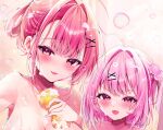  2girls :d breasts bubble collarbone commentary_request copyright_request hair_bobbles hair_intakes hair_ornament hair_rings hairclip heart heart-shaped_pupils highres holding large_breasts long_hair multiple_girls nenobi_(nenorium) nude official_art one_side_up out-of-frame_censoring pink_hair red_eyes red_hair smile soap_bubbles sponge symbol-shaped_pupils upper_body x_hair_ornament 
