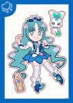  1girl ankle_flower anklet aqua_eyes aqua_flower aqua_hair beads blue_boots blue_border blue_bow blue_bowtie blue_choker blue_ribbon blue_skirt blue_thighhighs blue_wrist_cuffs boots border bottle bow bowtie brooch choker clenched_hand coffret_(heartcatch_precure!) cure_marine deformed dot_nose dotted_line eyelashes flower flower_skirt frilled_sleeves frilled_wrist_cuffs frills full_body green_brooch grid_background grin hair_beads hair_ornament hair_ribbon heart heart_brooch heart_hair_ornament heartcatch_precure! high_heel_boots high_heels highres jewelry kurumi_erika long_hair long_sidelocks magical_girl miniskirt outline parted_bangs perfume_bottle pink_bag precure puffy_short_sleeves puffy_sleeves ribbon shirt short_sleeves sidelocks signature skirt smile tareme thighhighs uwded_207 very_long_hair waist_bag wavy_hair white_background white_outline white_shirt wrist_cuffs wrist_ribbon zettai_ryouiki 