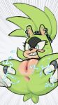 afrosoricid anthro anus black_body black_clothing black_fur black_nose black_topwear blue_eyes bottomless clothed clothing countershade_face countershading ear_piercing electricity eyelashes facial_markings female fur genitals gloves green_body green_fur grey_background hair handwear head_markings hi_res idw_publishing mammal markings naughty_face piercing plump_labia ring ruka481_(artist) sega sharp_teeth simple_background smile solo sonic_the_hedgehog_(comics) sonic_the_hedgehog_(idw) sonic_the_hedgehog_(series) spread_legs spreading surge_the_tenrec tan_body tan_fur teeth tenrec tied_hair topwear vulva white_clothing white_gloves white_handwear