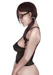  bad_id bad_pixiv_id bottomless breasts brown_eyes brown_hair camisole glasses kusagami_style lips medium_breasts original profile simple_background solo standing white_background 