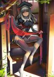  blurry breasts caren_hortensia depth_of_field fate/hollow_ataraxia fate_(series) fiodo grey_legwear hat highres impossible_clothes large_breasts layered_sleeves long_hair shroud_of_magdalene silver_hair sitting sitting_on_stairs smile solo stairs thighhighs yellow_eyes 