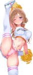  1girl ;) absurdres breasts brown_hair cheerleader clothes_writing commentary_request commission cowboy_shot crop_top facing_viewer gakuen_idolmaster highres himesaki_rinami holding holding_pom_poms idolmaster iwato_(celler) large_breasts long_hair midriff miniskirt navel one_eye_closed panties pantyshot pink_panties pixiv_commission pom_pom_(cheerleading) purple_eyes shoes simple_background skirt sleeveless smile solo split standing standing_on_one_leg standing_split stomach thighhighs transparent_background underwear white_shoes white_skirt white_thighhighs 