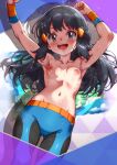  1girl :d armpits arms_up black_hair blue_pants blush breasts cameltoe clenched_hand collarbone commentary_request cosplay crasher_wake crasher_wake_(cosplay) dawn_(pokemon) eyelashes grey_eyes hair_ornament hairclip happy highres long_hair navel nipples open_mouth pants pokemon pokemon_dppt ribs rorretsim sidelocks smile solo sparkle teeth tongue topless_female upper_teeth_only wristband 
