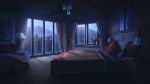  balcony bed bedroom blanket carpet chair condensation curtains daffodil dark desk_lamp flower forest hanging_light highres indoors lamp lodge morning mountainous_horizon nature non-web_source official_art our_life our_life:_beginnings_and_always photo_(object) pillow plant potted_plant railing sunrise variant_set window window_fog 