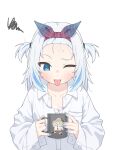  1girl absurdres bangs_pinned_back blue_eyes blue_nails blue_streaks blush coffee_mug collared_shirt cup gawr_gura hairband highres holding holding_cup hololive hololive_english long_hair mug multicolored_hair one_eye_closed open_mouth oversized_clothes partially_unbuttoned shirt smol_ame solo squiggle steam streaked_hair sweatdrop tongue tongue_out two_side_up ugaaaa1 virtual_youtuber watson_amelia white_background white_shirt 