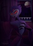 2025 4_eyes anthro atimon avian balcony beak chest_tuft clothing cloud curtains demon feathers full_moon helluva_boss hi_res looking_at_viewer male moon mouth_closed multi_eye red_eyes robe robe_only signature smile smiling_at_viewer solo stolas_(helluva_boss) tuft