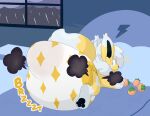 ampe_(lewdifiedampe) angel bed clothed clothing diaper diaper_use eeveeatheart eeveelution fart fart_cloud feces feral fur furniture generation_1_pokemon jolteon lying male nintendo paws pokemon pokemon_(species) pooping soiled_diaper soiling soiling_diaper solo tail unclean_diaper used_diaper wearing_diaper