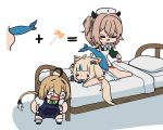  3girls ahoge animal_ear_fluff animal_ears applying_bandaid apron ass bandaid black_hair blonde_hair blue_hair brown_hair contrast_collar dooby_(vtuber) dress fins fireworks fish_girl fish_tail gloves green_dress hat highres indie_virtual_youtuber jerboa_tail laughing lifebuoy_hair_ornament long_hair long_sleeves low_twintails medium_hair meme multicolored_hair multiple_girls nimi_nightmare nurse nurse_cap one_side_up open_mouth overalls rash round_collar rounded_collar sameko_saba shirt short_hair simple_background sleeveless streaked_hair tail tapir_ears tapir_girl torororose twintails very_long_hair virtual_youtuber wheeze_comic_(meme) white_apron white_background white_dress white_gloves white_shirt 
