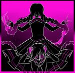  2girls artist_name blood blood_in_hair blood_on_hands blood_on_weapon border braid collared_shirt commentary danganronpa:_trigger_happy_havoc danganronpa_(series) dual_persona english_commentary english_text from_behind fukawa_toko genocider_shou glasses gradient_background hands_on_own_head holding holding_scissors holding_weapon limited_palette long_hair long_skirt long_sleeves multiple_girls neckerchief pink_blood robictheescapist round_eyewear sailor_collar school_uniform scissors serafuku shirt skirt twin_braids twintails weapon 
