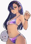  1girl :o absurdres ap_cammy bikini bracelet breasts commentary_request cowboy_shot dark-skinned_female dark_skin earrings green_eyes gundam gundam_gquuuuuux hair_between_eyes hair_ornament halterneck hand_up haro highres jewelry light_blush long_hair looking_at_viewer navel non-humanoid_robot nyaan_(gundam_gquuuuuux) parted_lips pet purple_bikini purple_hair revision robot simple_background small_breasts solo standing stomach string_bikini swimsuit very_long_fingernails very_long_hair white_background 