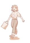  1girl :d ^_^ bag blush closed_eyes commentary_request full_body futsuu_no_keion-bu happy hatono_chihiro highres holding holding_bag monochrome open_mouth orange_theme osada_sushi pants print_shirt scene_reference shirt shoes shopping_bag short_hair short_sleeves simple_background smile solo t-shirt walking white_background 
