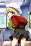  1girl :o absurdres aoyagi_akira bag black_skirt blonde_hair blue_eyes classroom copyright_name copyright_notice day desk fang from_behind girls_und_panzer green_shirt hair_between_eyes hat highres indoors katyusha_(girls_und_panzer) kv-2 leaning_forward long_sleeves looking_at_viewer looking_back magazine_scan megami_magazine military_vehicle miniskirt motor_vehicle official_art open_mouth pleated_skirt scan school school_bag school_desk shirt short_hair skirt solo tank tree white_hat window 