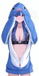  ... 1girl absurdres animal_costume animal_hood black_bra blue_hair blush bra breasts cleavage closed_mouth collarbone commentary cowboy_shot highres hood inaka_44 long_hair looking_at_viewer medium_breasts navel original paid_reward_available penguin_costume penguin_hood print_bra purple_eyes simple_background solo speech_bubble symbol-only_commentary underwear white_background 