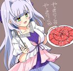  +_+ 1girl 9-nine- :d blue_eyes blue_hair blunt_bangs blush breasts brown_background casual collarbone commentary cowboy_shot dress dual_wielding food furrowed_brow hair_intakes hair_ribbon happy heart highres holding holding_tray kousaka_haruka large_breasts long_hair looking_at_food meat multicolored_dress open_mouth puffy_short_sleeves puffy_sleeves purple_ribbon ribbon short_sleeves sidelocks simple_background smile solo translated tray very_long_hair white_dress yakiniku youei_(maiko) 