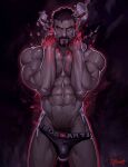  1boy abs absurdres artist_name bara beard black_background black_hair blood broken_mask bulge facial_hair feet_out_of_frame hairy highres looking_at_viewer male_focus male_swimwear male_underwear male_underwear_pull manly mask mature_male muscular muscular_male overwatch pectorals pubic_hair reaper_(overwatch) red_eyes redgart scar short_hair signature simple_background solo swim_briefs thick_arms thick_eyebrows thick_thighs thighs underwear 