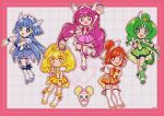  5girls anklet aoki_reika arm_up ascot bag_bow blonde_hair blue_bow blue_bowtie blue_choker blue_eyes blue_hair blue_shirt blue_shorts blue_skirt blue_wrist_cuffs blunt_bangs boots border bow bowtie bright_pupils brooch candy_(smile_precure!) choker circlet clenched_hand clenched_hands closed_mouth coattails cosmetics cure_beauty cure_happy cure_march cure_peace cure_sunny deformed dot_nose dotted_line eyelashes feather-trimmed_sleeves feather_sleeves footwear_bow footwear_ribbon frilled_skirt frilled_sleeves frills full_body gold_tiara green_ascot green_bow green_bowtie green_choker green_eyes green_hair green_ribbon green_shirt green_shorts green_skirt green_wrist_cuffs grey_background grid_background hair_between_eyes hair_bun hair_ornament hair_tubes hands_on_own_hips happy high_heel_boots high_heels high_ponytail highres hino_akane_(smile_precure!) hoshizora_miyuki jewelry kise_yayoi knee_boots leg_up long_hair long_sidelocks looking_at_viewer low_twintails magical_girl medium_hair midorikawa_nao mini_tiara miniskirt multiple_girls open_mouth orange_bow orange_hair orange_skirt orange_wrist_cuffs outline outside_border outstretched_arms pink_border pink_bow pink_bowtie pink_eyes pink_hair pink_ribbon pink_shirt pink_shorts pink_skirt pink_wrist_cuffs pleated_skirt ponytail precure red_bow red_bowtie red_choker red_eyes red_ribbon red_shorts ribbon ribbon_legwear shirt short_sleeves shorts shorts_under_skirt sidelocks signature single_hair_bun single_stripe skirt skirt_set smile smile_precure! standing striped_bow tareme teeth thigh_boots tiara train_(clothing) twintails twintails_with_hair_base upper_teeth_only uwded_207 v very_long_hair waist_bag white_arm_warmers white_bag white_boots white_outline white_pupils white_sleeves wing_hair_ornament wrist_cuffs yellow_ascot yellow_choker yellow_eyes yellow_shirt yellow_skirt 