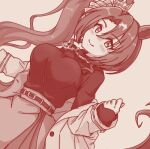  1girl animal_ears belt blush breasts brown_theme closed_mouth commentary_request curtained_hair ear_through_crown high_side_ponytail horse_ears horse_girl impossible_clothes impossible_shirt jacket jacket_partially_removed large_breasts long_hair looking_at_viewer lowres monochrome satono_crown_(umamusume) shiodanx shirt shirt_tucked_in simple_background skirt smile solo umamusume upper_body 