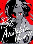  1boy closed_mouth commentary copyright_name countdown english_commentary english_text fingernails highres jacket kamishiro_nagisa looking_at_viewer male_focus official_art persona persona_5 persona_5:_the_phantom_x red_background red_eyes school_uniform simple_background smile soejima_shigenori third-party_source wonder_(p5x) 