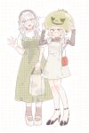  2girls \||/ absurdres arms_up bag black_shirt blonde_hair blush braid dress full_body green_dress grey_eyes grid_background hair_ornament hairband hand_up handbag hands_up high_heels highres holding holding_mask kirifuji_nozomi long_hair looking_at_viewer mask multiple_girls no_mask nose_blush oosuzuki_kurara red_bag revision shirt short_hair simple_background swtr_hndr the_hundred_line_-last_defense_academy- tomato twin_braids twitter_username unworn_mask waving white_background white_bag white_dress white_hair 