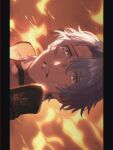  1boy black_choker blue_eyes choker clenched_teeth coat collared_coat crying crying_with_eyes_open fire grey_hair hair_between_eyes head_tilt high_collar honkai:_star_rail honkai_(series) looking_at_viewer orange_background osuzu_susu parted_lips phainon_(honkai:_star_rail) sad scared shade short_hair smoke solo standing surprised tearing_up tears teeth upper_body wavy_hair wide-eyed worried 