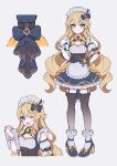  1girl ;d absurdres alternate_costume apron black_bow blonde_hair blue_bow blue_dress blush bow breasts clipboard closed_mouth commentary detached_sleeves dress enmaided frilled_hairband frilled_wrist_cuffs frills full_body genshin_impact hair_bow hairband hand_on_own_hip hand_up highres holding holding_clipboard long_hair maid maid_headdress medium_breasts multiple_views navia_(genshin_impact) one_eye_closed open_mouth puffy_short_sleeves puffy_sleeves short_sleeves sikaku simple_background smile standing twitter_username very_long_hair white_apron white_background white_hairband wrist_cuffs 
