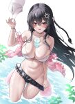  1girl absurdres bare_shoulders baseball_cap bikini bikini_pull black_bikini black_choker black_hair braid breasts bubble_tea_challenge choker cleavage clothes_pull commission cup disposable_cup frilled_bikini_bottom hair_between_eyes hair_ornament hat highres holding holding_unworn_clothes holding_unworn_hat illien_(illien) innertube jacket large_breasts lds_(dstwins97) leaf long_hair looking_at_viewer mismatched_bikini navel object_on_breast off_shoulder one_side_up open_clothes open_mouth open_shirt original pink_jacket pink_shirt pulling_own_clothes red_eyes revision shirt smile solo stomach strap_slip swim_ring swimsuit thighs unworn_hat unworn_headwear wading water wet white_background white_bikini 