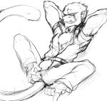 anthro ape aperil belt black_and_white bottomwear chest_tuft clothed clothing digital_drawing_(artwork) digital_media_(artwork) feet fur gesture guide_lines hair hand_gesture hands_behind_head haplorhine long_tail looking_at_viewer lying male mammal monochrome open_clothing open_shirt open_topwear pandottermon pants pointing pointing_at_viewer prehensile_feet primate shirt smile smiling_at_viewer solo tail toes topwear tuft unzipping zipper