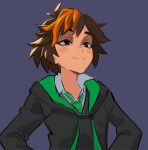  blush brown_hair collar green_necktie hands_on_own_hips harry_potter:_hogwarts_mystery harry_potter_(series) hogwarts_school_uniform looking_at_viewer merula_snyde mikkusushi multicolored_hair necktie non-web_source orange_hair purple_eyes robe school_uniform short_hair simple_background slytherin smile two-tone_hair upper_body white_collar wizarding_world 