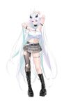  1girl absurdres alternate_costume arm_behind_head armlet armpits arms_up azur_lane bare_shoulders belt black_belt black_boots black_pantyhose blue_hair boots breasts changgong8745 cleavage cleavage_cutout clothing_cutout colored_inner_hair commentary crop_top frilled_skirt frills grey_skirt hair_lift halterneck hands_in_own_hair headgear highres jewelry kearsarge_(azur_lane) large_breasts layered_skirt long_hair looking_at_viewer midriff miniskirt multicolored_hair pantyhose platform_boots purple_eyes shirt simple_background single_leg_pantyhose skirt sleeveless sleeveless_shirt solo spiked_armlet standing streaked_hair torn_clothes torn_pantyhose two-tone_hair very_long_hair white_background white_belt white_hair white_shirt y2k_fashion 