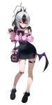  1girl absurdres alternate_costume ankle_socks bag bandaid bandaid_on_knee bandaid_on_leg black_bag black_bow black_hair black_mask black_shoes black_skirt blue_archive blush bow cellphone closed_mouth demon_girl demon_horns demon_wings frilled_shirt frills high-waist_skirt highres holding holding_bag holding_phone horns incredibly_absurdres jirai_kei kayoko_(blue_archive) looking_at_viewer miniskirt pencil_skirt phone pink_shirt ponytail red_eyes shirt shoes single skirt smartphone socks solo white_hair white_socks wings wonni_(user_fafu7345) 