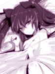  bad_id bad_pixiv_id blush breasts hair_ribbon hata-tan himekaidou_hatate hyudora long_hair looking_at_viewer lying medium_breasts monochrome nude ribbon smile solo sweat touhou twintails 