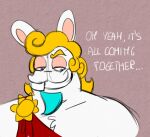2024 anthro black_eyes blonde_eyebrows blonde_hair blue_facial_hair blue_goatee brown_background bust_portrait clothed clothed_anthro clothed_male clothing colored_sketch curly_hair dialogue disney english_description english_text eyebrows facial_hair flat_colors fur goatee hair lagomorph long_ears male male_anthro mammal mario_plus_rabbids_sparks_of_hope medium_hair nintendo noseless perfectus portrait rabbid randomrabbidramblings raving_rabbids rayman_(series) red_toga simple_background sketch solo tan_eyelids tan_inner_ear text the_emperor&#039;s_new_groove toga toothy_grin ubisoft white_body white_fur