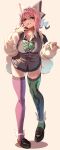 1girl absurdres blue_skirt blush bow bowtie breasts collared_shirt drill_hair eyeshadow flipped_hair fur_jacket green_bow green_bowtie hair_bow hairband highres jacket klara_(pokemon) makeup miniskirt mole mole_under_mouth momdy_(talesshinja) open_clothes open_jacket open_mouth pink_eyeshadow pink_hair pink_lips pleated_skirt pokemon pokemon_swsh purple_eyes school_uniform shirt short_hair skirt smile solo sweater_vest teeth thighhighs twin_drills two-tone_thighhighs white_bow white_hairband white_shirt 