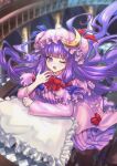  1girl blue_bow bow crescent crescent_hat_ornament dress flying frilled_dress frilled_pillow frills hair_bow hat hat_ornament highres long_hair looking_at_viewer mob_cap momohana_3939 one_eye_closed open_mouth patchouli_knowledge pillow pink_dress pink_hat purple_eyes purple_hair red_bow sidelocks sleepy solo touhou 